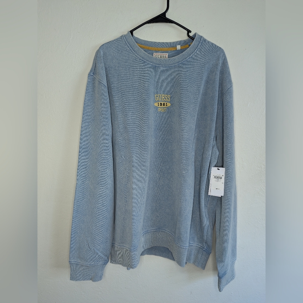 NWT Guess Logo Crewneck Fleece Blue Sweater Men's Size XXL